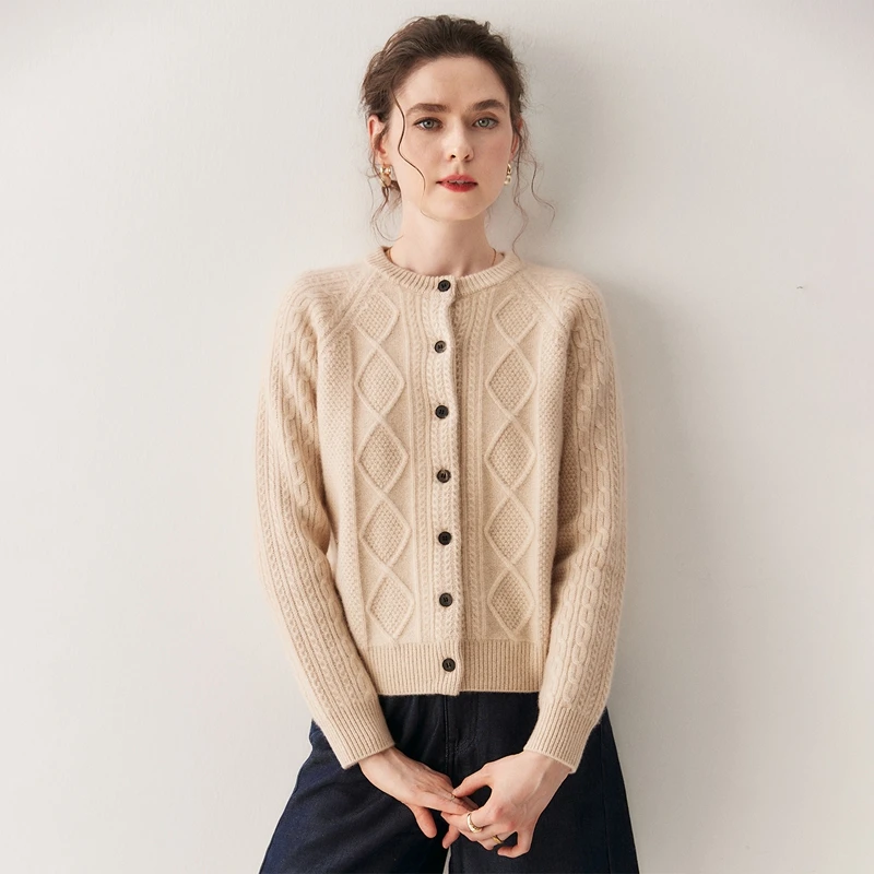 

Women's Diamond Pattern Button Cardigan 100% Cashmere O Neck Long Sleeve Sweater Coat Autumn Winter Trendy Versatile Knitwear