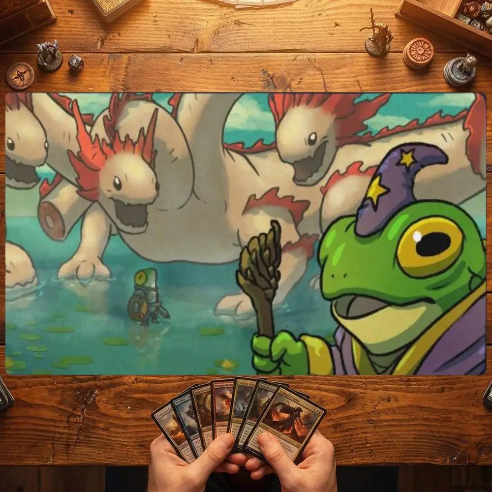 Frog Wizard Multi‑Headed Beast TCG Playmat 35X60CM Fantasy Water Scene Card Battle Mat Non‑Slip Durable Stitched Edge Playmat
