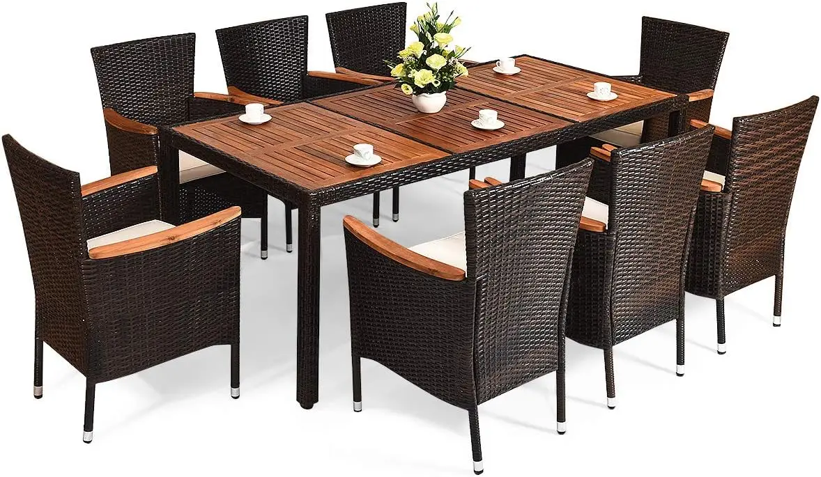 

9 Piece Outdoor Dining Set, Garden Patio Wicker Set w/Cushions, Furniture with Acacia Wood Table and Stackable Armrest Chairs