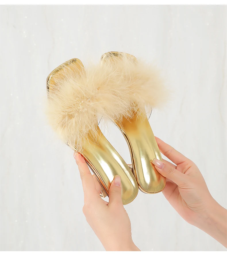 2025 Pantofole da donna nuove estive Sandali a spillo Infradito da donna con tacco alto Scarpe da mulo pelose 35-43