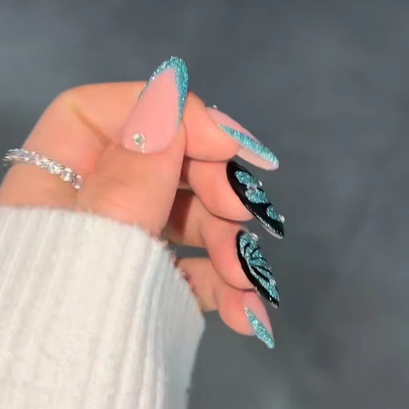 24 Stuks Blauw Roze Vlindervleugels Valse Nagel Voor Vrouwen Verwijderbare Pers Op Nagel Sticker Afgewerkt Nep Nagels Patch