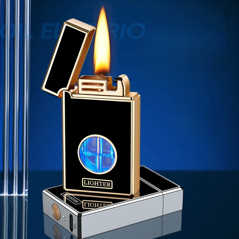 Metal Gravity Induction Shake Ignite Open Flame Kerosene Lighter Transparent Blue Light Oil Bin USB Charging Electric Lighters