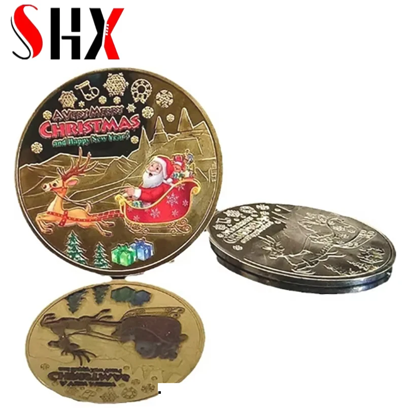 Europe and The United States Santa Claus Commemorative Coin UV Color Printing Relief Commemorative Medallion Metal Craft Gold