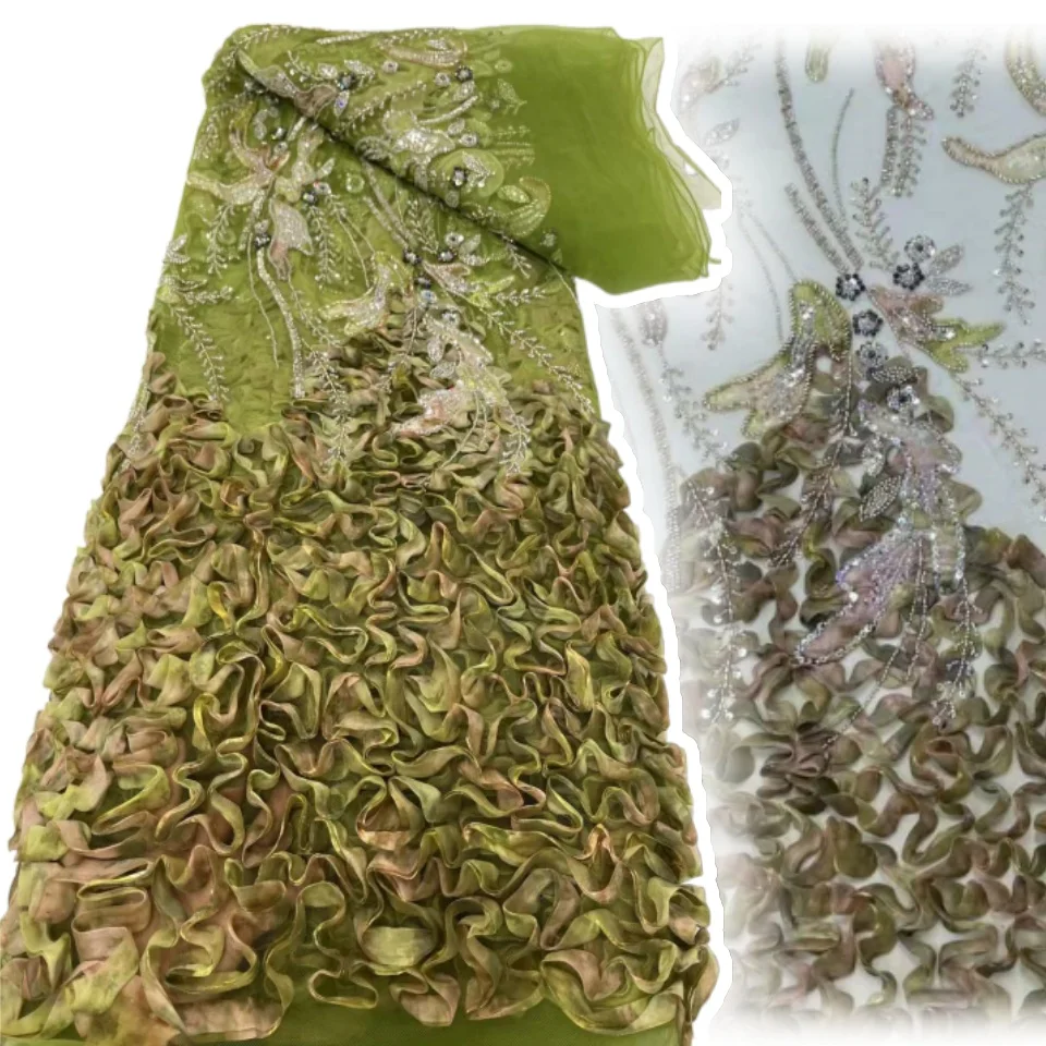 

Green African 3D Flower Beaded Fabric, Sequins Embroidery, French Tulle, Mesh Lace Fabric for Wedding, Luxury Fashion TP1257