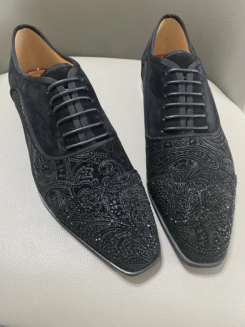 LOUBUTEN Black Men Suede Dress Shoes Rhinestone Shoes Fashion Lace-up Embroidery Formal Shoes Red Bottom Wedding Shoes