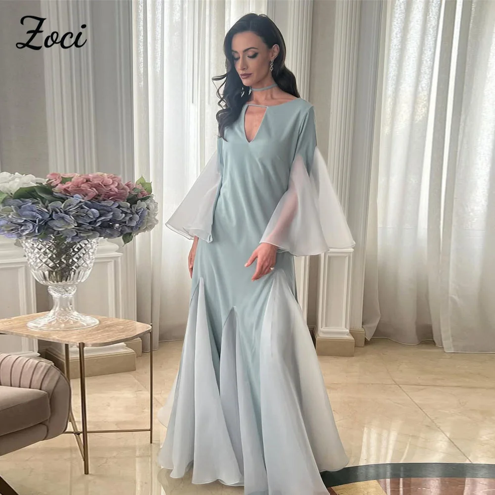 Zoci Customized V Neck Cut Out Prom Dresses A Line Long Flare Sleeve Evening Party Dress Contrast Women Special Occasion Gown