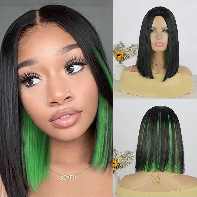 Straight Middle Part Bob Hair Wigs Synthetic Ombre Short Black with Green Bob Wigs for Women Cosplay Hair Wig Heat Resistant