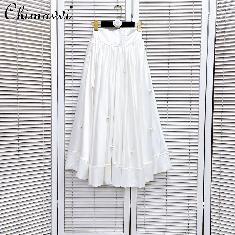 

Fashion Elegant Heavy Industry Pearl Beaded Pleated Skirt Fishbone High Waist Slim A-line Versatile Commuting Long Skirt Women