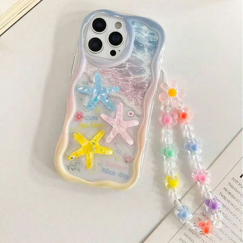 Cartoon Starfish Shell Transparent Wavy-edge Phone Case For iPhone 17 16 15 14 Plus 13 12 11 Pro Max 16E 17E With Lanyard Cover view 3
