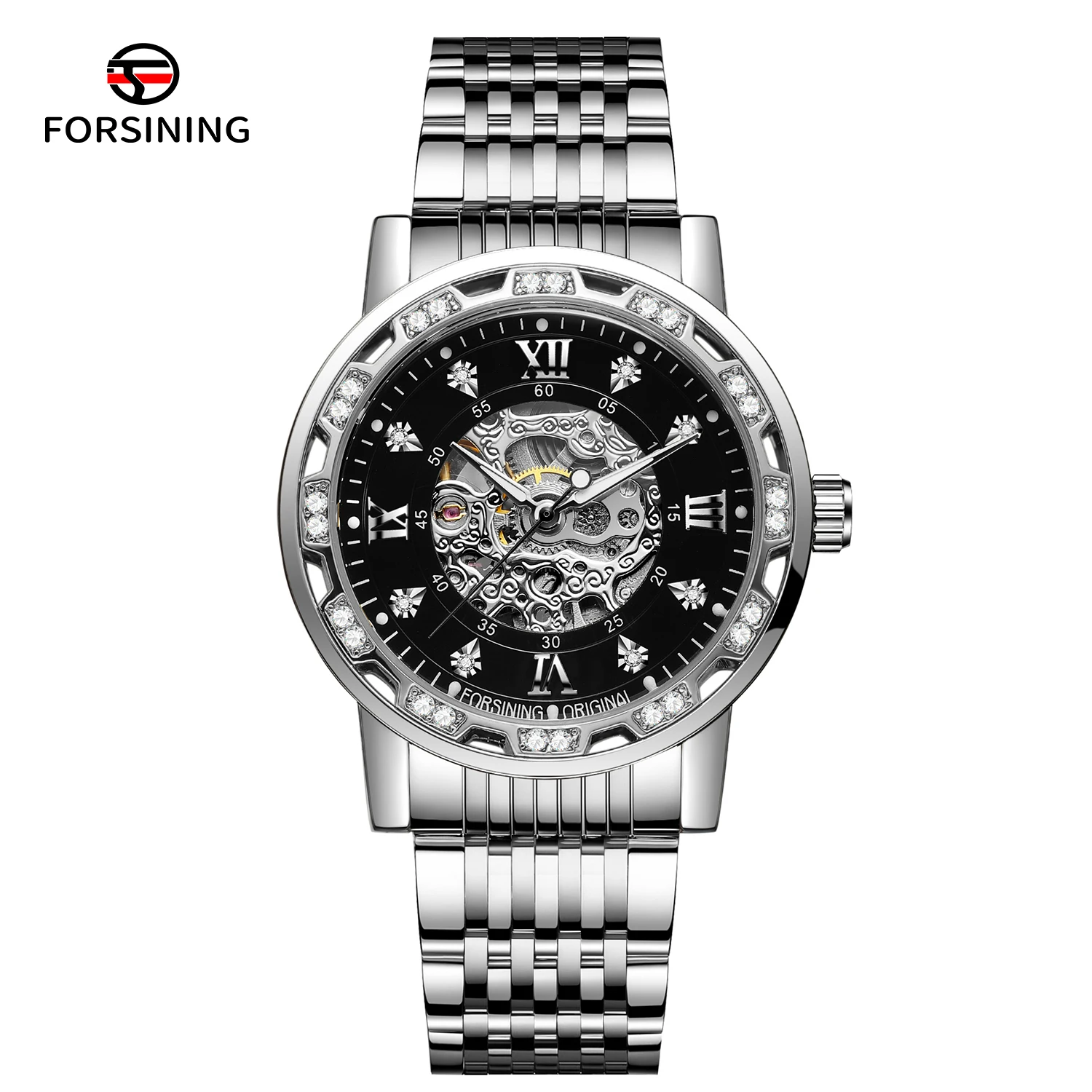 

2024 FORSINING Silver Skeleton Diamond Automatic Movement Luxury Man aaaWatch Waterproof Stainless Steel Mechanical Wristwatches