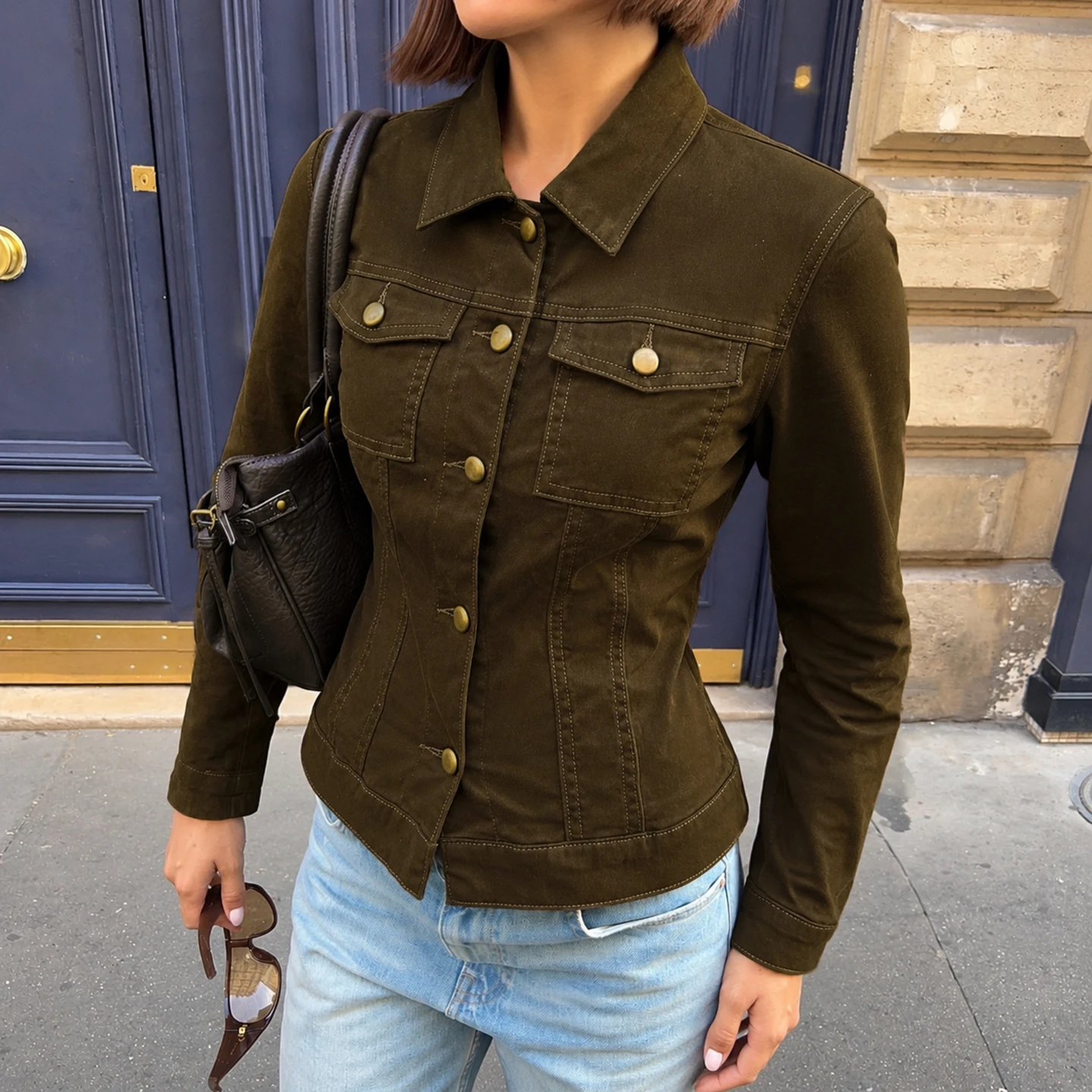 Vintage Women Brown Cropped Denim Jacket Lapel Collar Metal Buttons Front Pockets Slim Fit Long Sleeve Trucker Coat Retro Street