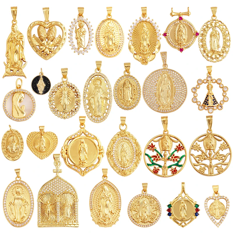 Holy Jesus Virgin Mary Charm Geometry Pendant,Religious 18K Gold Inlaid Cubic Zirconia Jewelry Necklace Accessories Supplies M51