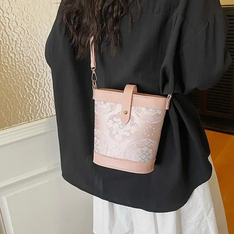 DIY Knitted Bag - Pink Vintage Pattern Shoulder Bag With Slanted Strap, PU Leather Silk Scarf Bucket Bag - view 3