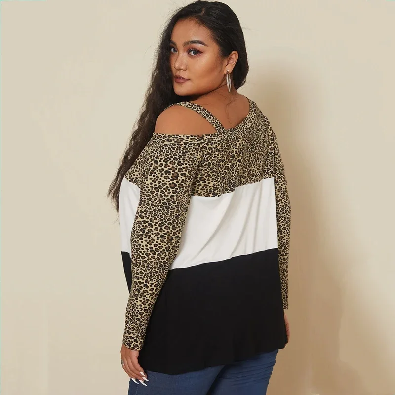 Blusa de manga larga con cuello oblicuo para mujer, blusa elegante con estampado de leopardo, color blanco y negro, talla grande 7XL, primavera y otoño