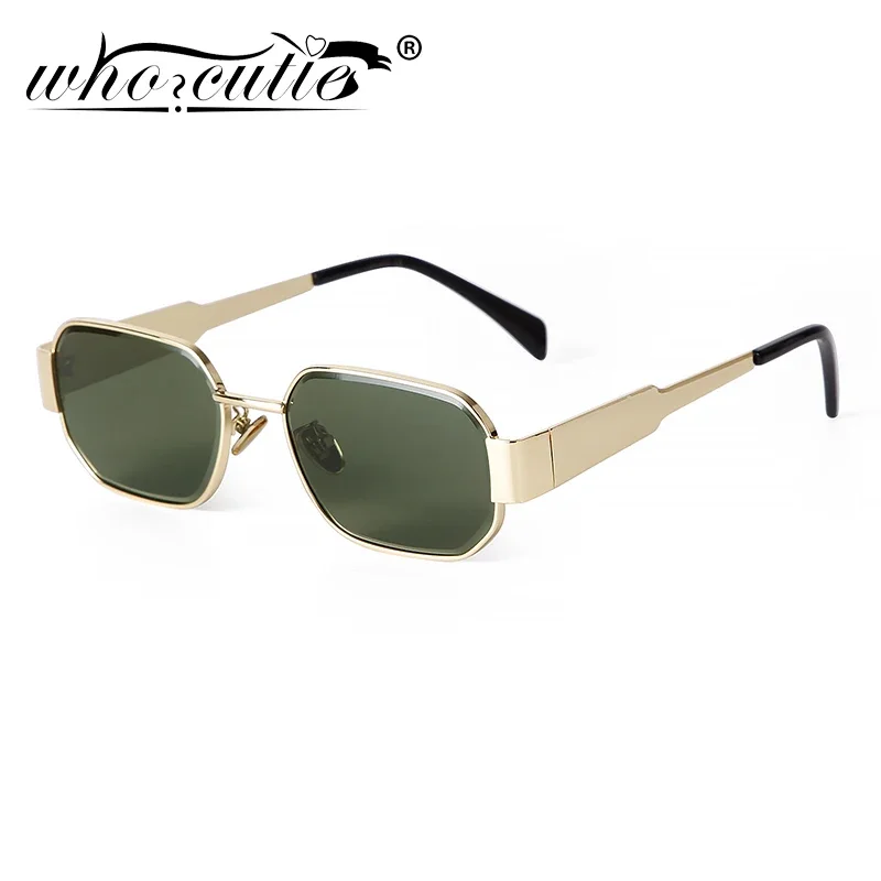 WHO CUTIE Retro 90s Metal Frame Pilot Rectangle Sunglasses Women Men Aviation Driving Sun Glasses Green Lens Shades Male UV400