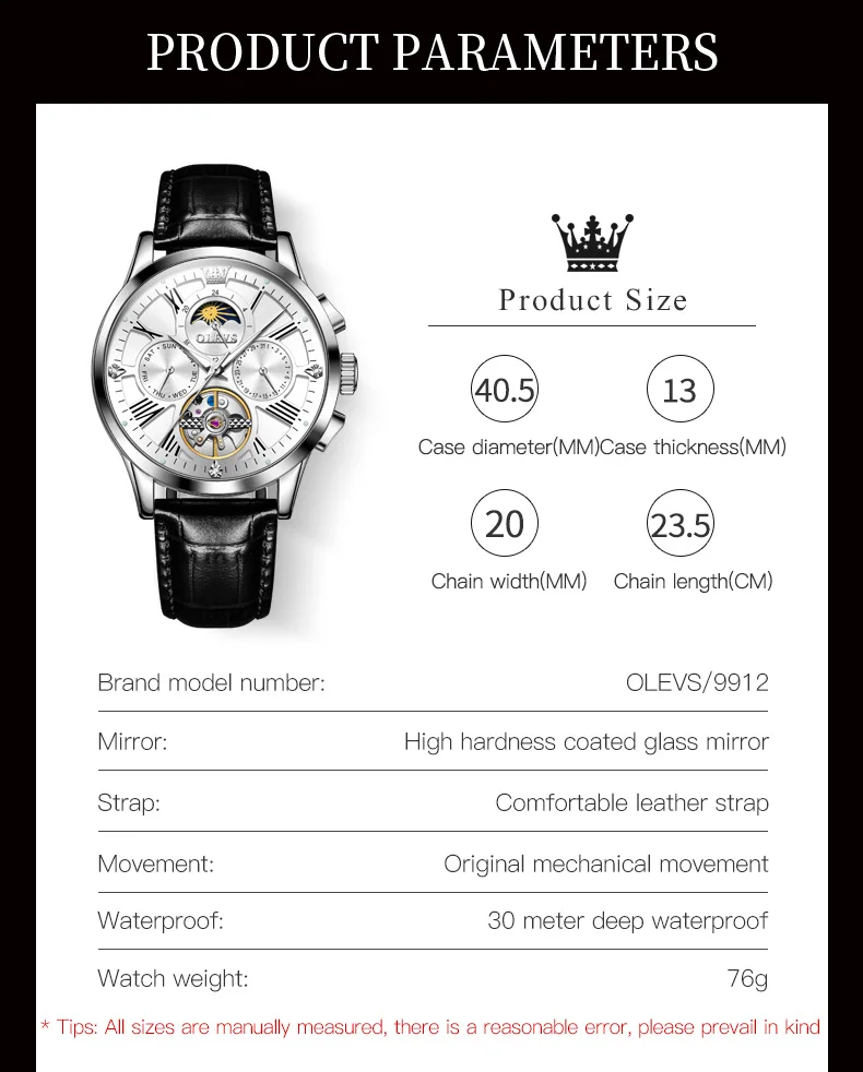 OLEVS Wristwatch for Men Automatic Mechanical Watch Leather strap Waterproof Skeleton Male Watch Horloges Reloj Hombre 9912