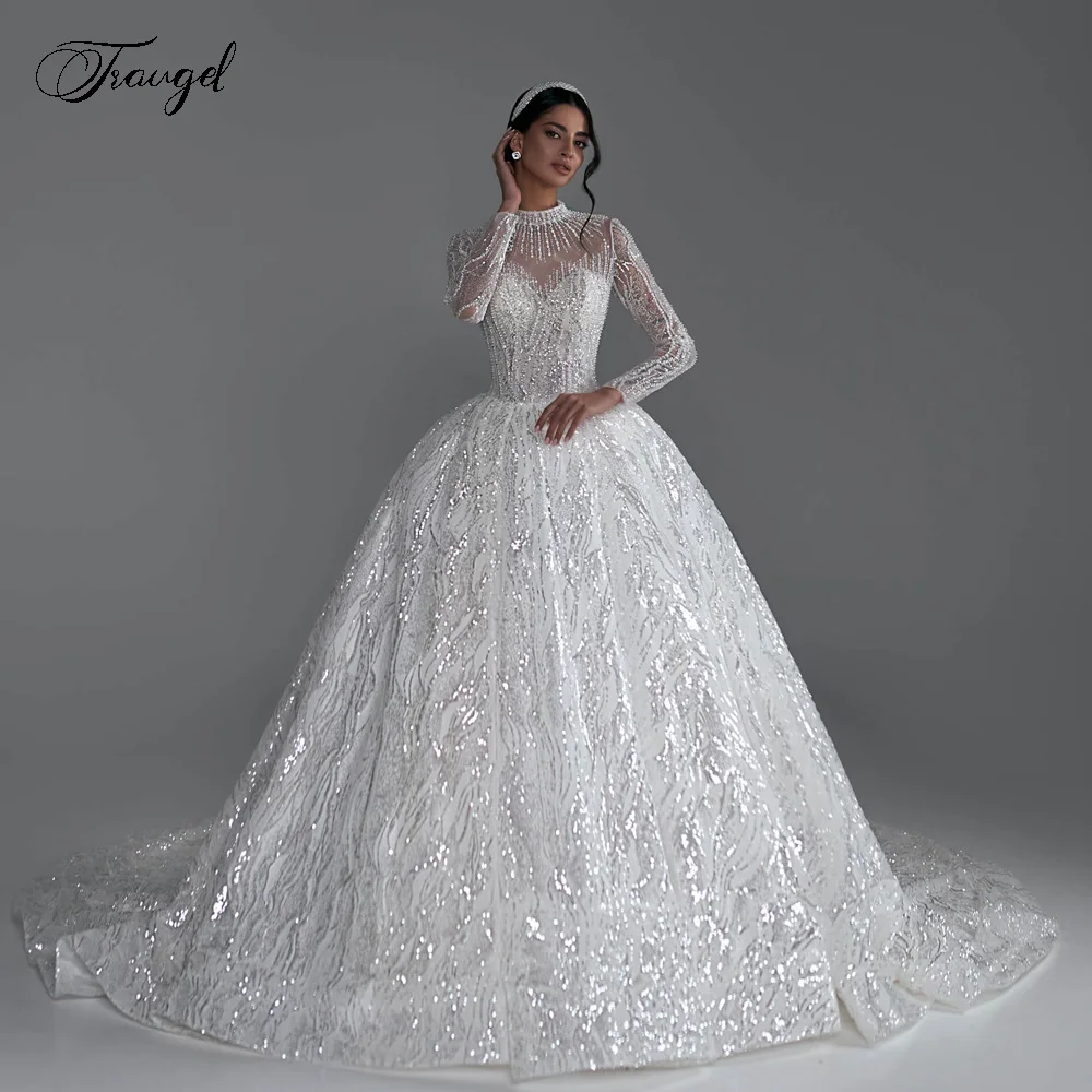 Abito da ballo personalizzato Splendidi abiti da sposa Collo alto Manica lunga Vestido De Novia Pizzo Paillettes Lucido Royal Robe De Mariee