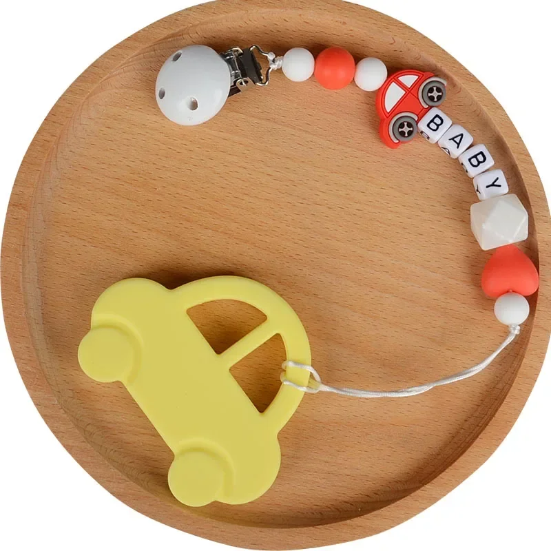 Attache-tétine en silicone avec nom personnalisé pour bébé, jouets de dentition, porte-sucette, voiture de dessin animé, JObetant, bricolage