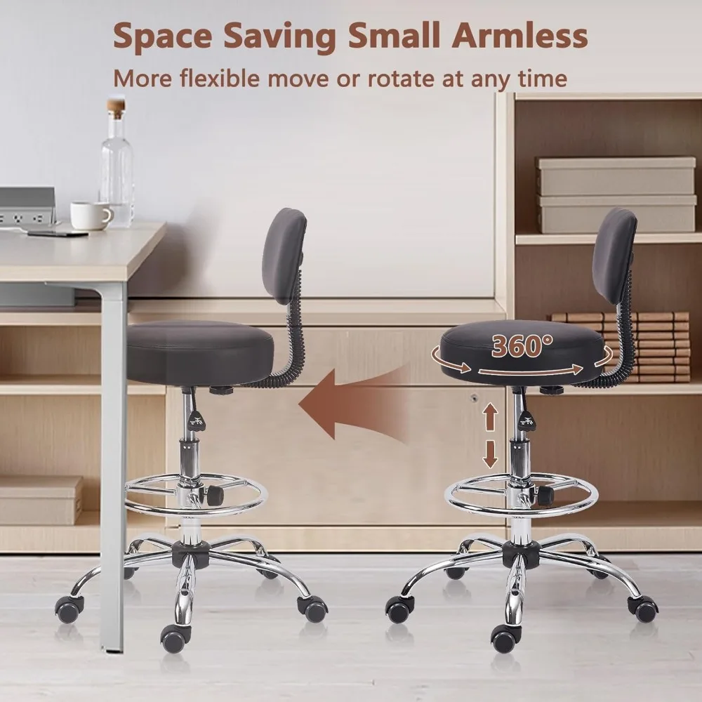 Drafting Chair with Backrest, Adjustable Foot Rest Height Rolling Stool with Wheels, Leather Swivel Work Shop Office Stools Chai