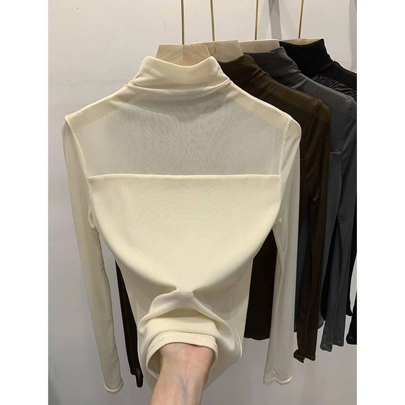 

Однотонная кружевная базовая футболка для женщин, новинка ранней осени 2026 года, сетчатый топ из шифона, женская футболка с высоким воротником