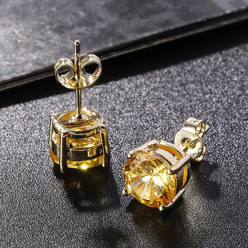 Yellow Crystal Round Stone Earrings Classic Four Claw Small Stud Earring For Women Vintage Fashion Gold Color Birthstone Jewelry