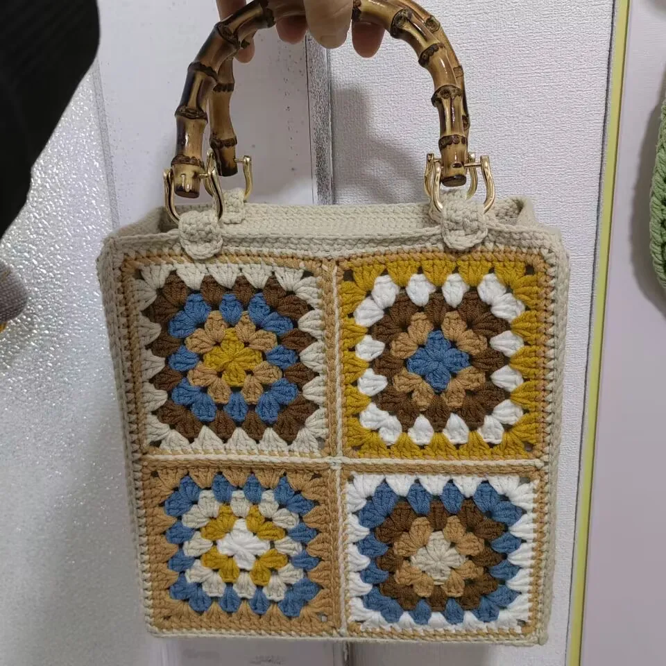 DIY Hand-crocheted Bamboo Handle Mesh Piece Portable Three-dimensional Vintage Knitting Bag