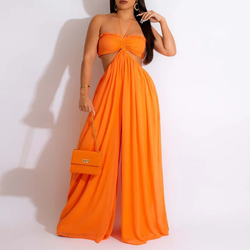 Slergiri 여성의 섹시한 넥타이 백 레스 시폰 점프 슈트 비치 휴가 streetwear 특대 와이드 레그 점프 슈트 클럽 파티 의상