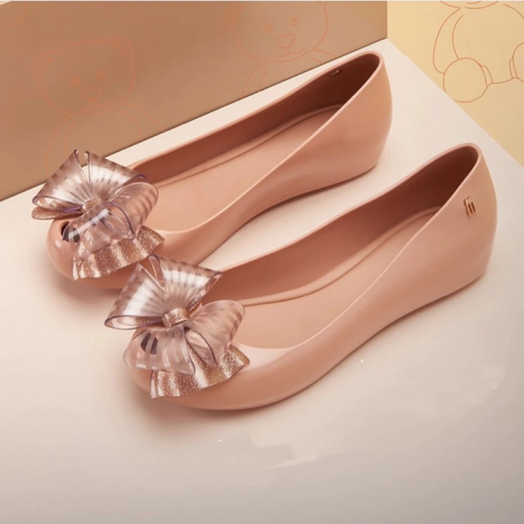 Mini Melissa New Spring Jelly Shoes Women Fashion Square Head Flat Bow bun Ladies Single Shoe Classical Cover Feet Grandma Shoes