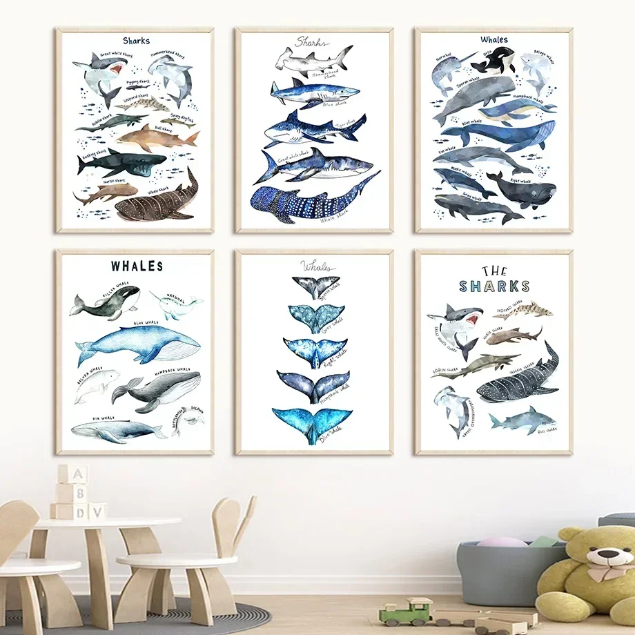 Nordic Ocean Life Wall Art - Educational Whale, Shark & Fish Canvas Prints for Kids Room Decor