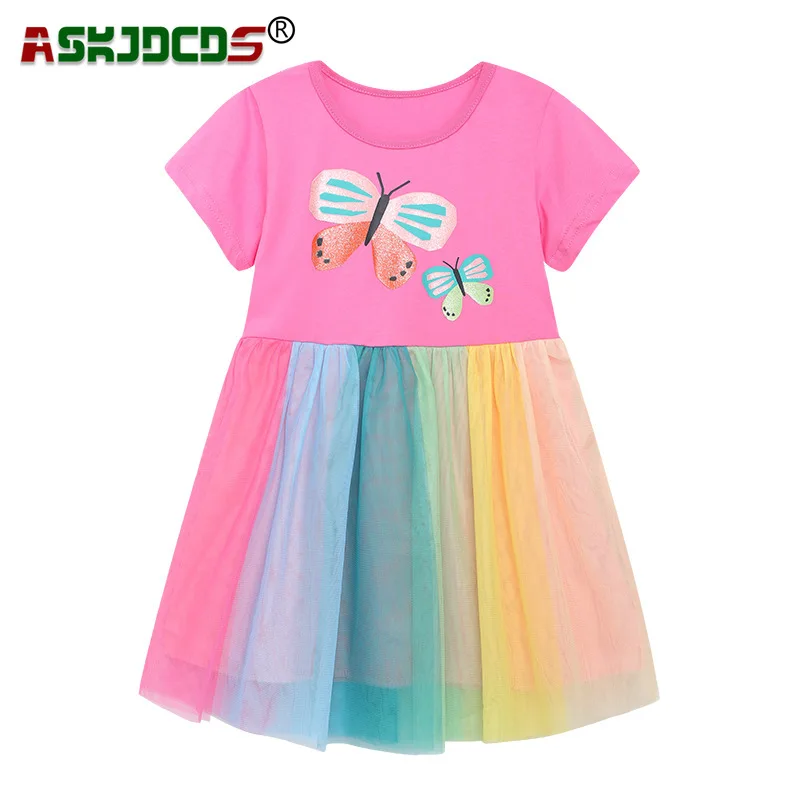 

2023 New In Summer Children Clothing Dress Kids Baby Girls Short Sleeve Patchwork Butterfly Print Rainbow Mesh Dresses