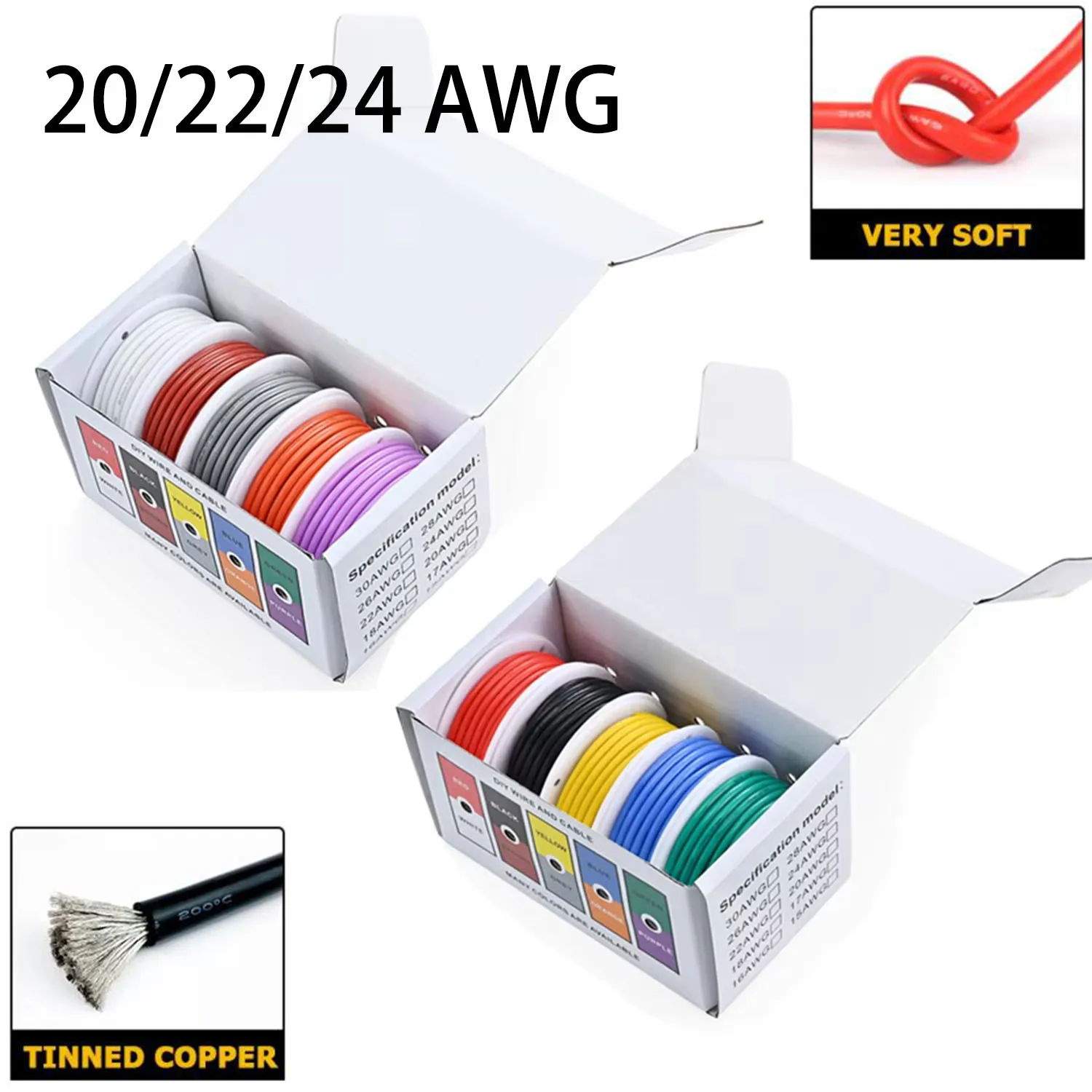 20/22/24 AWG Stranded Electrical Wire Soft Flexible Silicone Tinned Copper Wires 18 Gauge Hookup Wire Cable 5m or 10 each color