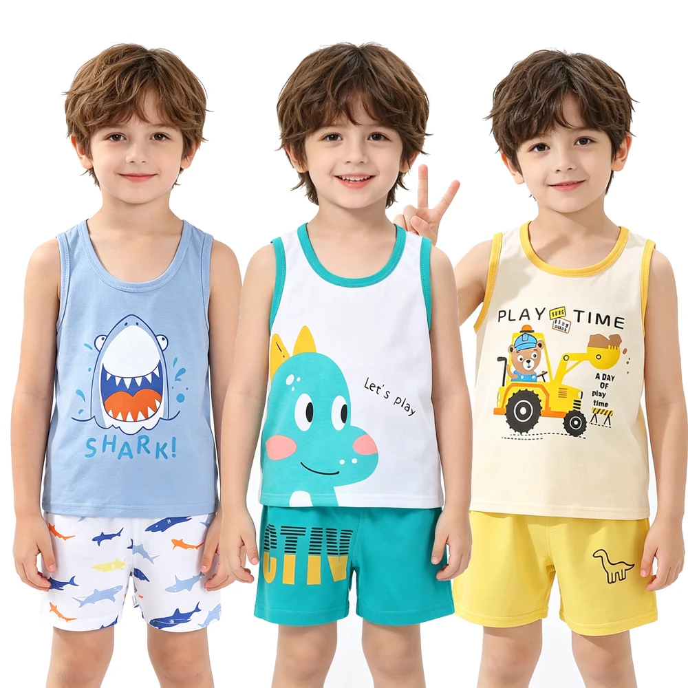 Animal Cartoon Boys Sleeveless Pajamas Sets Cotton Kids Tank Tops+Shorts 2pcs Clothing Suits Homewear Nightwear for 0-7Years