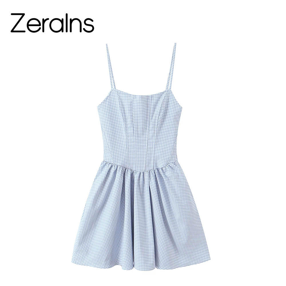 ZERAINS 2026 Frühjahr/Sommer Neuheit Damenkleid mit offenem Rücken, Rundhalsausschnitt, Gitterriemen und kurzem, flauschigem Minikleid