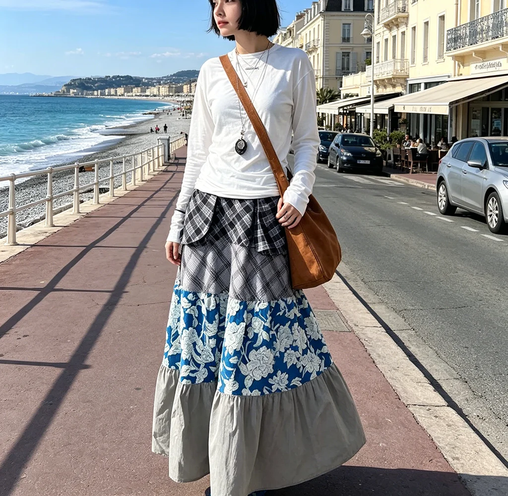 

Юбка с контрастным принтом, женская модная винтажная юбка 2025, летняя юбка с высокой талией, свободная длинная юбка в клетку