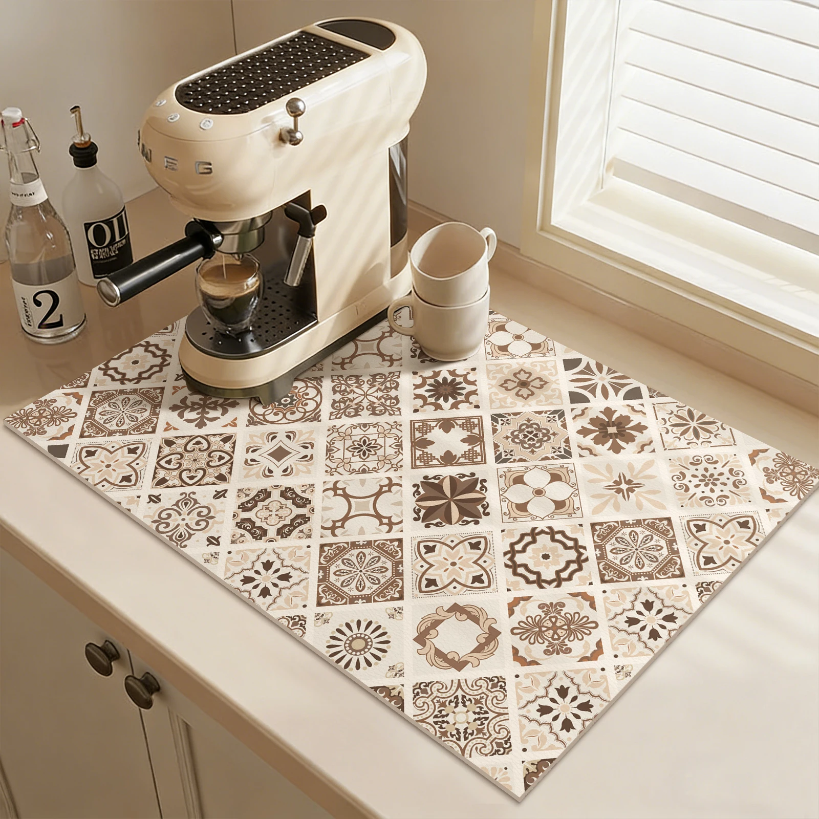 Vintage Tile Pattern Absorbent Mat Super Water-Absorbent Kitchen Sink Rug Non-Slip Easy-Clean