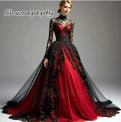 Black And Red Gothic Wedding Dress Long Sleeves Illusion High Neck Vintage Bridal Gowns Customized Vestido De Novia 2025