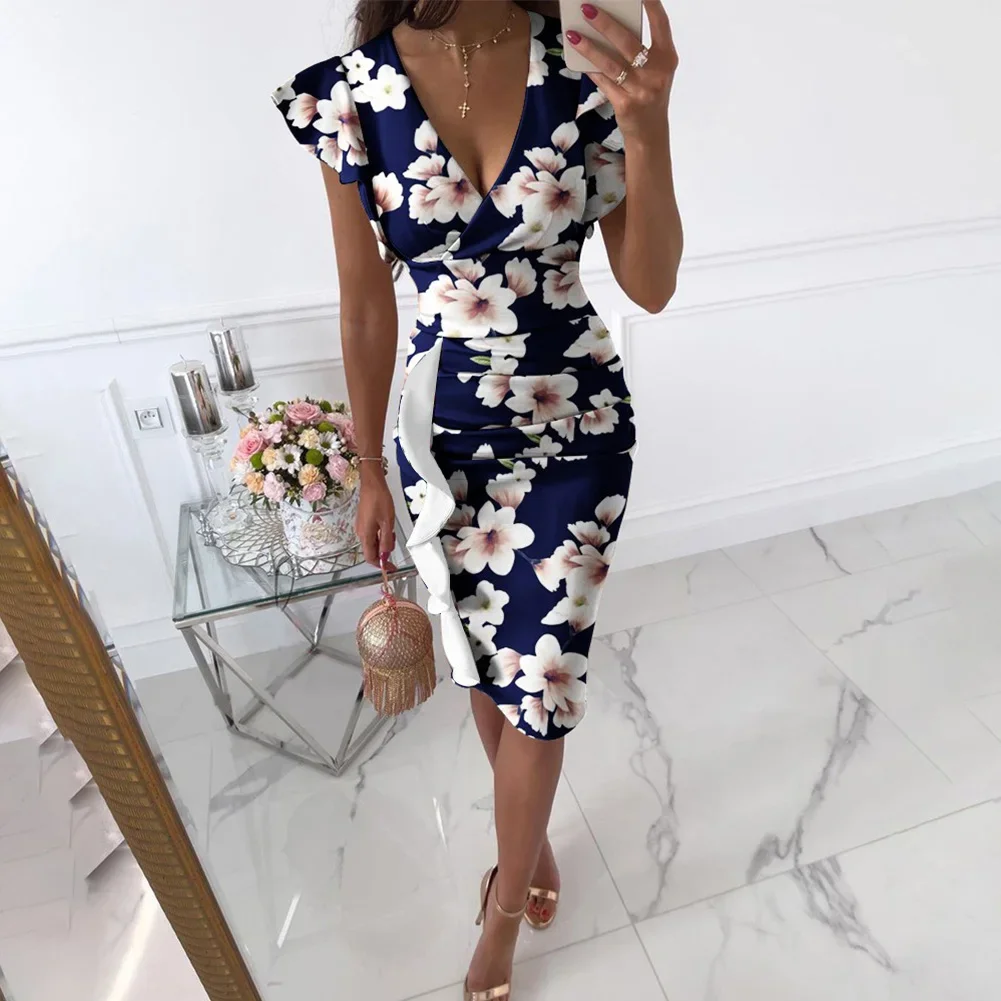 Women Floral V Neck Wrap Dress Comfy Fashion Evening Party Dress Bodycon Summer Breathable Cocktail Floral OL Ruffles Sleeve