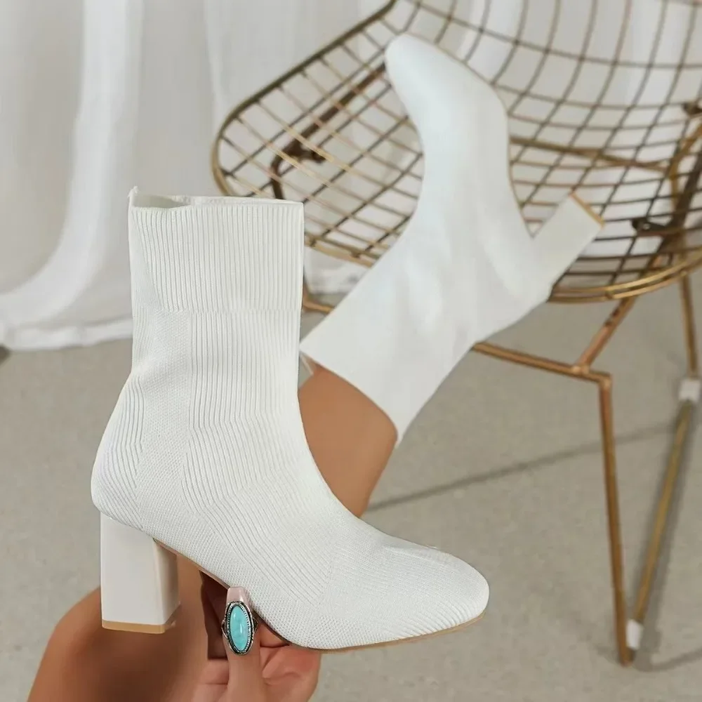 

Women's Chunky Heel Mid Calf Boots New Elastic Fabric High Heel Boots for Women Heeled Shoes Dress Casual Women's Chelsea Boots