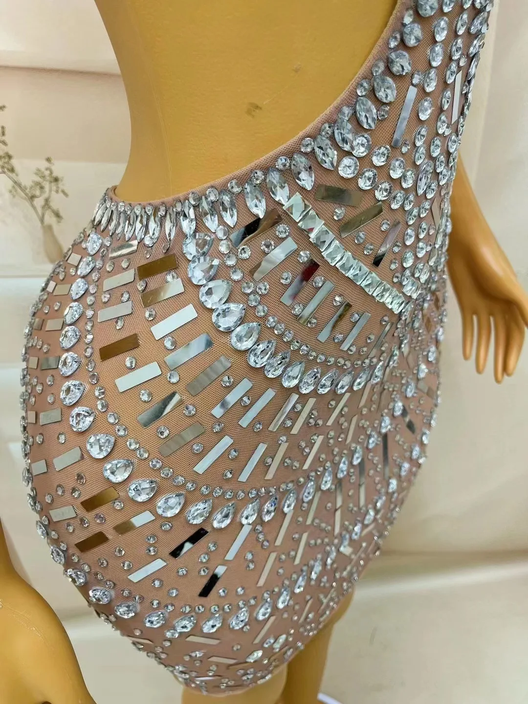 Sexy Bühne Silber Strass Pailletten Rückenfreies Hohl Kleid Geburtstag Feiern Outfit Abend Bühne Leistung Tänzerin Kostüm