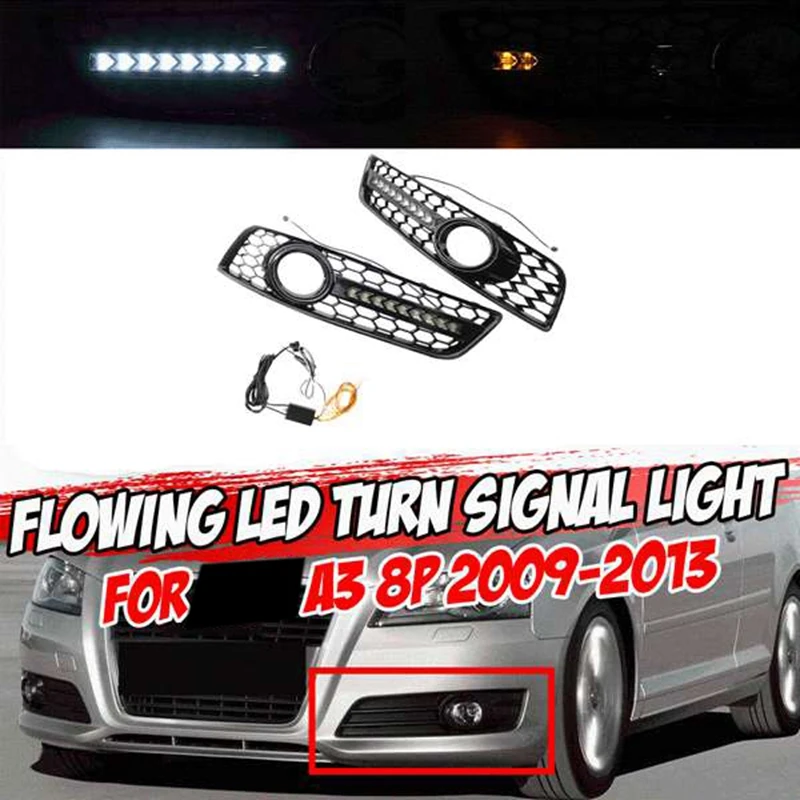 

1Pair Honeycomb Bumper Fog Light Grill Grille With LED DRL For - A3 8P 2009-2013 8P0807682D 8P0807681D