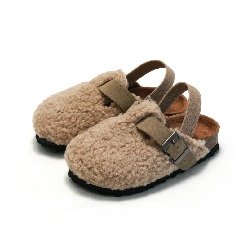 Children Winter Fashion Cork Slippers Wear Girls Suede Wool Plush Warm Outdoor Slippers Shoes Boy Simple Casual Indoor Kid Shoes