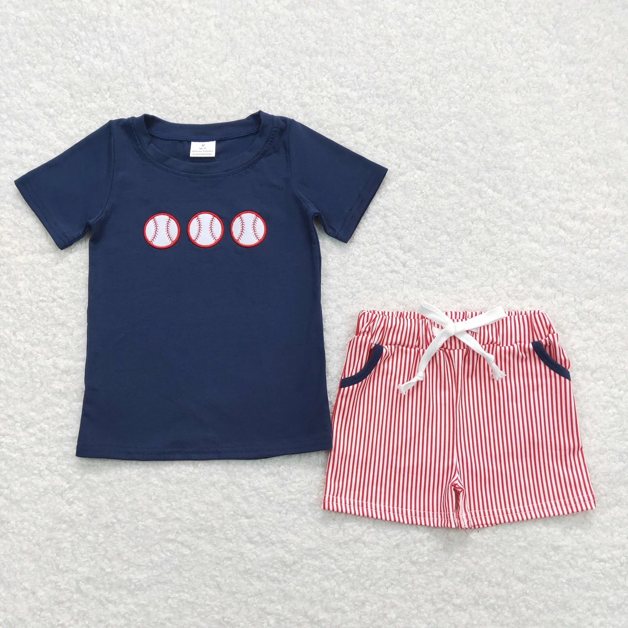 Wholesale Children Embroidery Summer Sets Short Sleeves Baseball Cotton T-shirts Kids Stripes Pocket Shorts Baby Boy Outfit