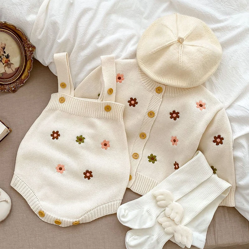 Autumn Spring Toddler Baby Knitting Clothes Suit Long Sleeved Floral Embroidery Cardigan+Jumpsuit Infant Baby Girls Clothing Set