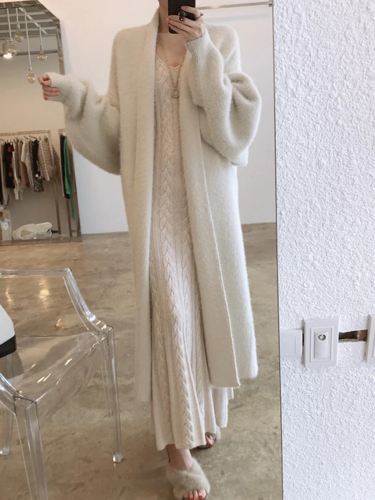 White Long Cardigan Women Korean Fashion Elegant Knitted Fluffy Sweater Female Autumn Winter Vintage Sweet Casual Loose Cardigan