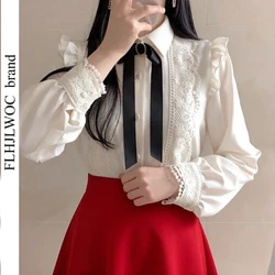 Ruffled Autumn Spring Basic Office Lady Work Wear Women Single Breasted Button Solid Peter Pan Collar Top White Shirts Blouses