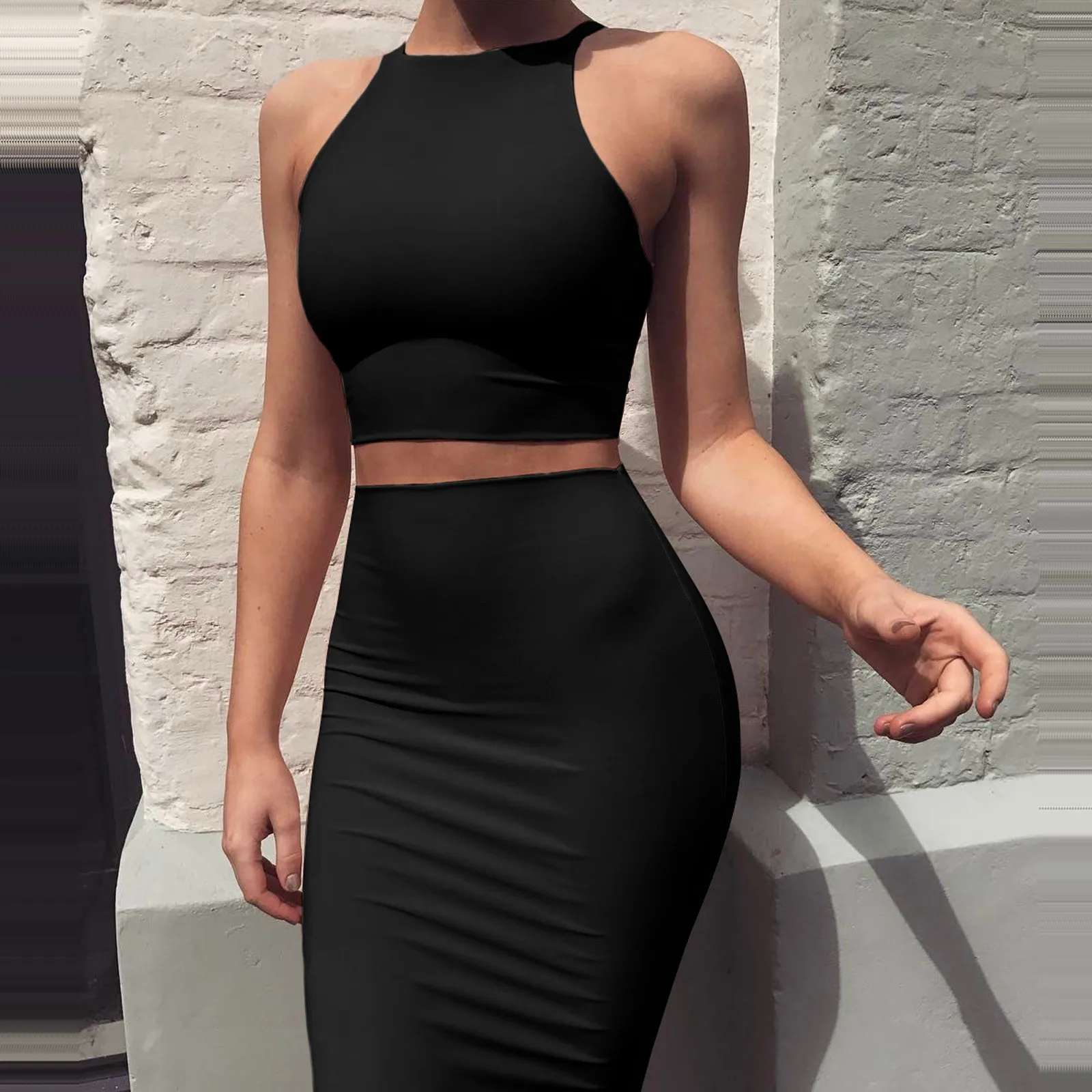 Wysoka talia Slim Fit Sexy Solid Color Fashion Sleeveless Tank Top And Tight Skirt Two Piece For Female High Street Hot Dress Set