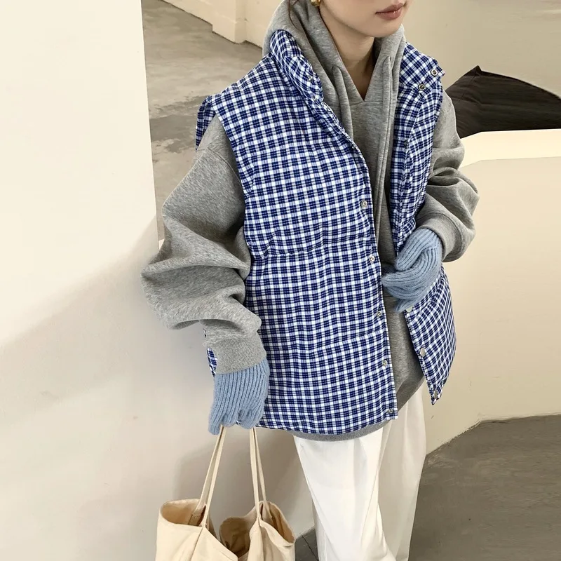 

Korean Style Blue Checkered Cotton Jacket Women Fall Winter Bread Vests Stand Collar Sleeveless Single Breasted Parkas