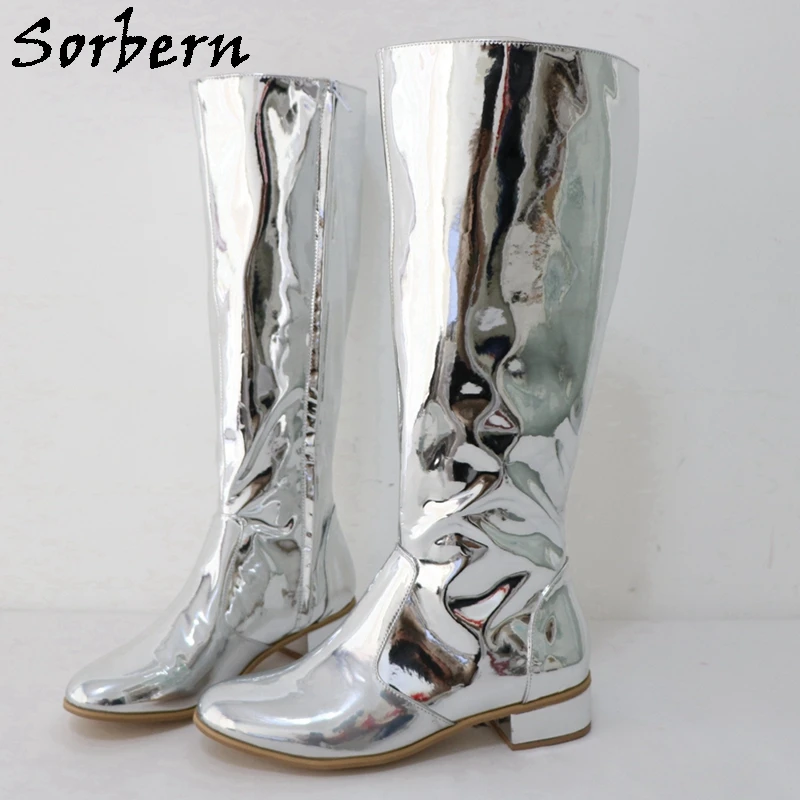 

Sorbern Silver Metallic Knee High Boots Women Hoof Heels Low Heeled Round Toe Unisex Style Dance Boot Shoes Size Up To Eu48