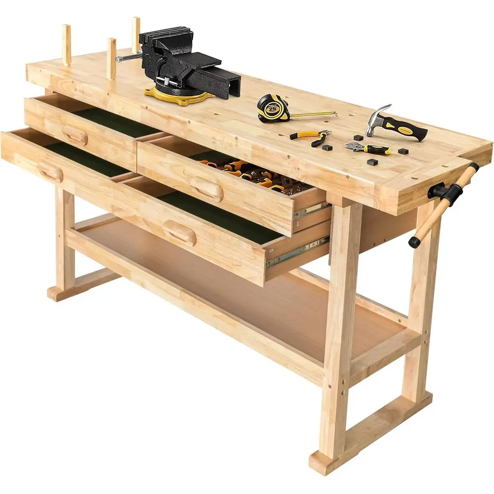60 Rubber Hardwood Workbench with 4 Drawers, 450 lbs Weight Capacity, Heavy Duty Portable Table for Garage, Workshop, and Home