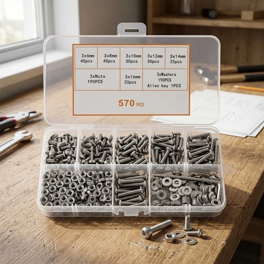 570Pcs Hex Socket Machine Screw And Nut Assortment Kit 304 Stainless Steel Anti-Rust Fastener Set For DIY Furniture Hardware Box